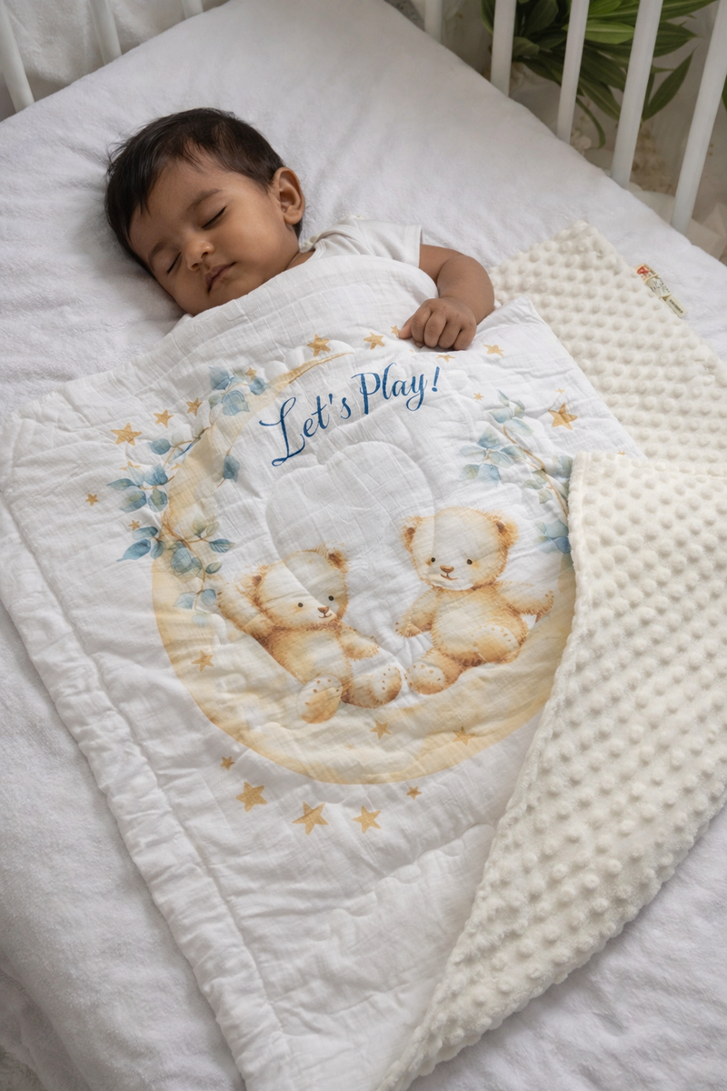 Muslin and Mink Plush Baby Blanket | Cute Blankets for 0 to 2 Yrs | Reversible with Plush Minky Dot Fabric - Lets Play