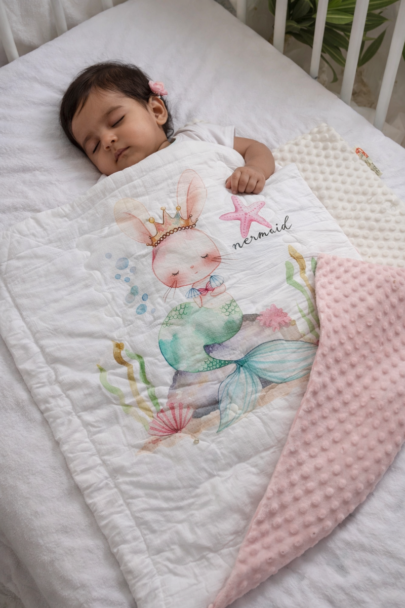 Muslin and Mink Plush Baby Blanket | Cute Blankets for 0 to 2 Yrs | Reversible with Plush Minky Dot Fabric - Mermaid