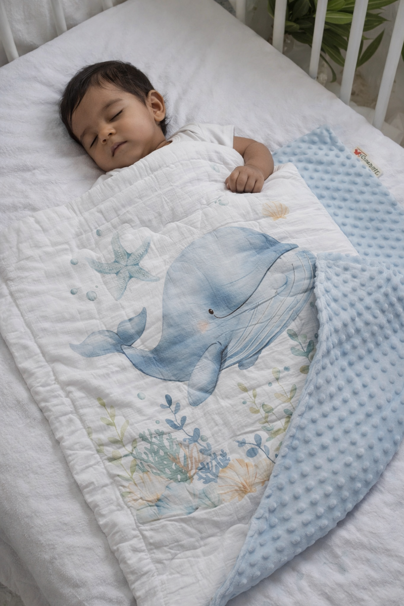 Muslin and Mink Plush Baby Blanket | Cute Blankets for 0 to 2 Yrs | Reversible with Plush Minky Dot Fabric - Blue Whale