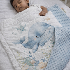 Muslin and Mink Plush Baby Blanket | Cute Blankets for 0 to 2 Yrs | Reversible with Plush Minky Dot Fabric - Blue Whale