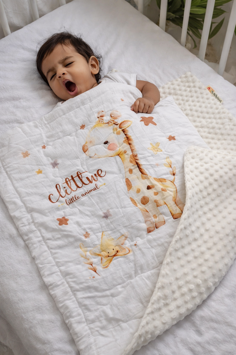 Muslin and Mink Plush Baby Blanket | Cute Blankets for 0 to 2 Yrs | Reversible with Plush Minky Dot Fabric - Giraffe