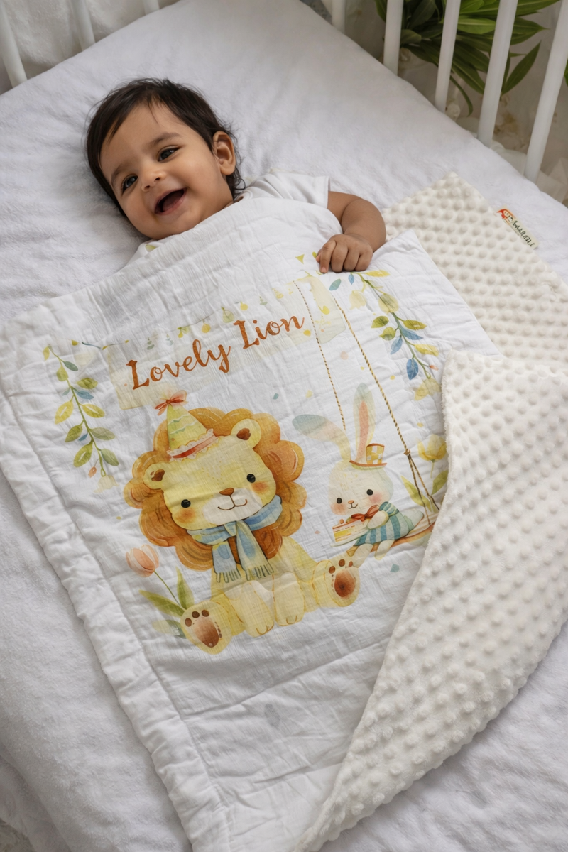 Muslin and Mink Plush Baby Blanket | Cute Blankets for 0 to 2 Yrs | Reversible with Plush Minky Dot Fabric - Lion