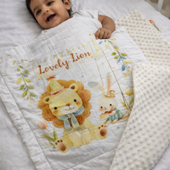 Muslin and Mink Plush Baby Blanket | Cute Blankets for 0 to 2 Yrs | Reversible with Plush Minky Dot Fabric - Lion