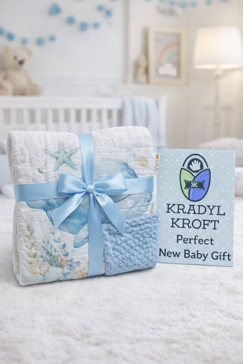 Muslin and Mink Plush Baby Blanket | Cute Blankets for 0 to 2 Yrs | Reversible with Plush Minky Dot Fabric - Blue Whale
