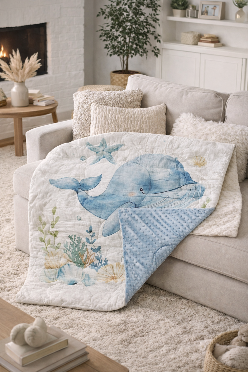 Muslin and Mink Plush Baby Blanket | Cute Blankets for 0 to 2 Yrs | Reversible with Plush Minky Dot Fabric - Blue Whale