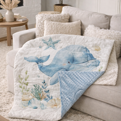 Muslin and Mink Plush Baby Blanket | Cute Blankets for 0 to 2 Yrs | Reversible with Plush Minky Dot Fabric - Blue Whale
