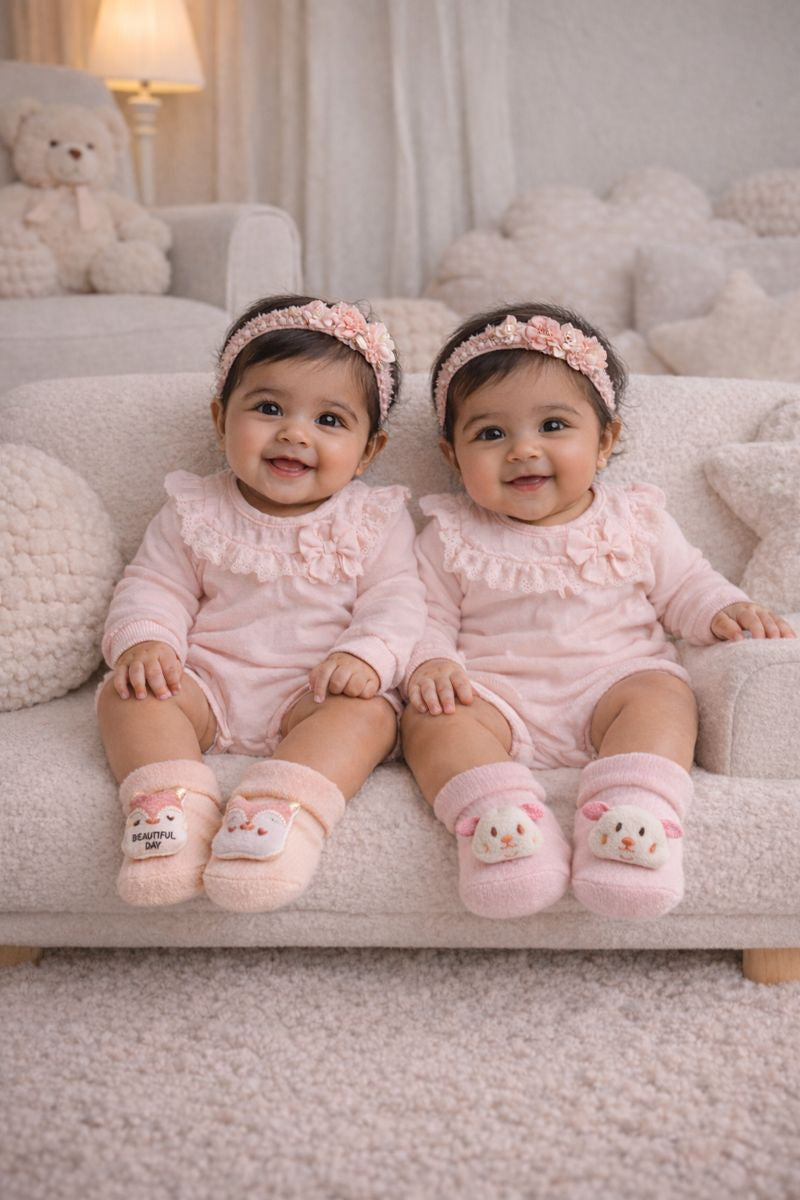 Beautiful Pink- Set of 2 100% Cotton Baby Booties Socks for 0 to 12 Months