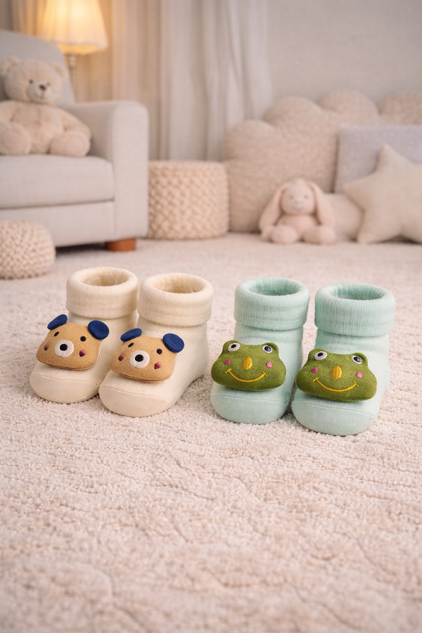 Dog Frog- Set of 2 100% Cotton Baby Booties Socks for 0 to 12 Months