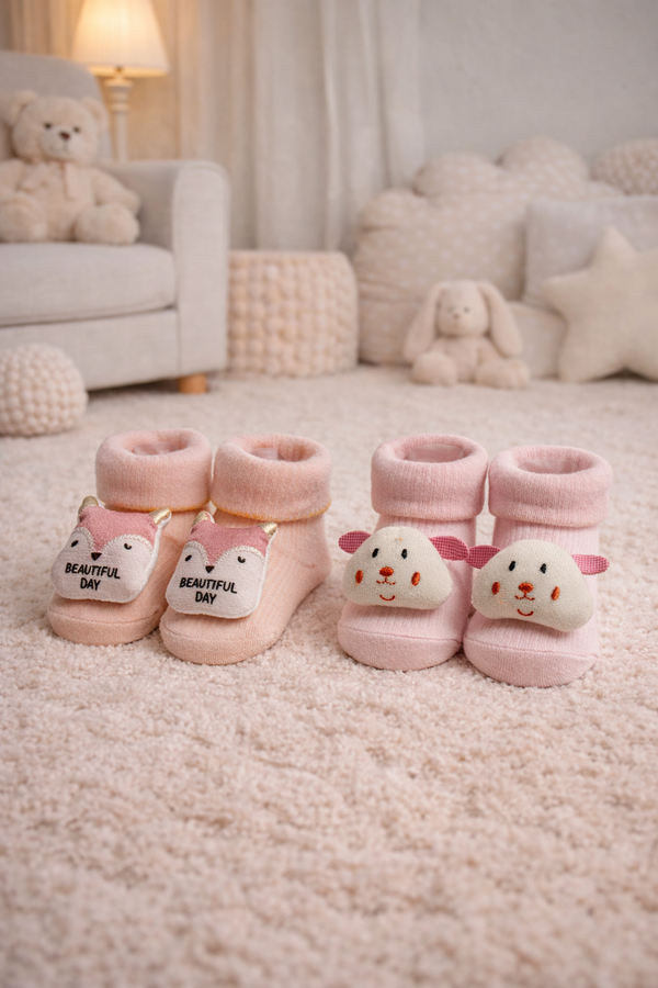Beautiful Pink- Set of 2 100% Cotton Baby Booties Socks for 0 to 12 Months