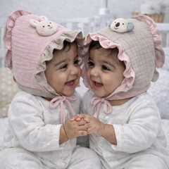 Pink Beige Kradyl Kroft Baby Caps Set of 2 with Soft Toy Embellishment