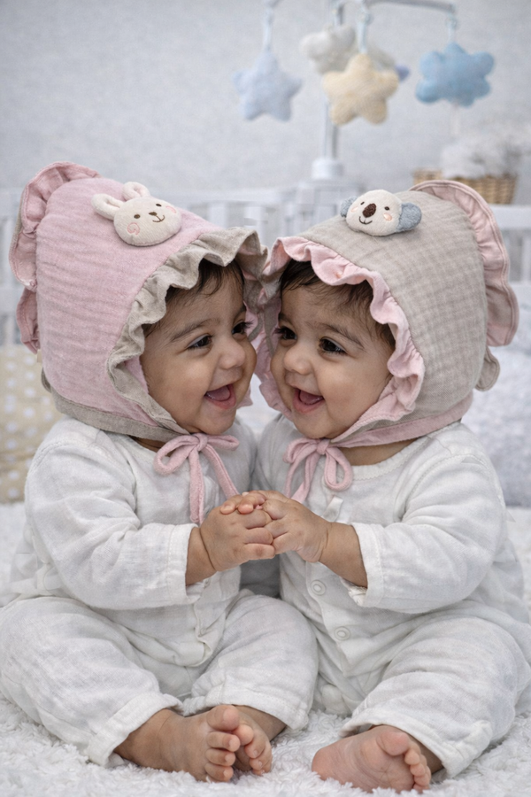 Pink Beige Kradyl Kroft Baby Caps Set of 2 with Soft Toy Embellishment