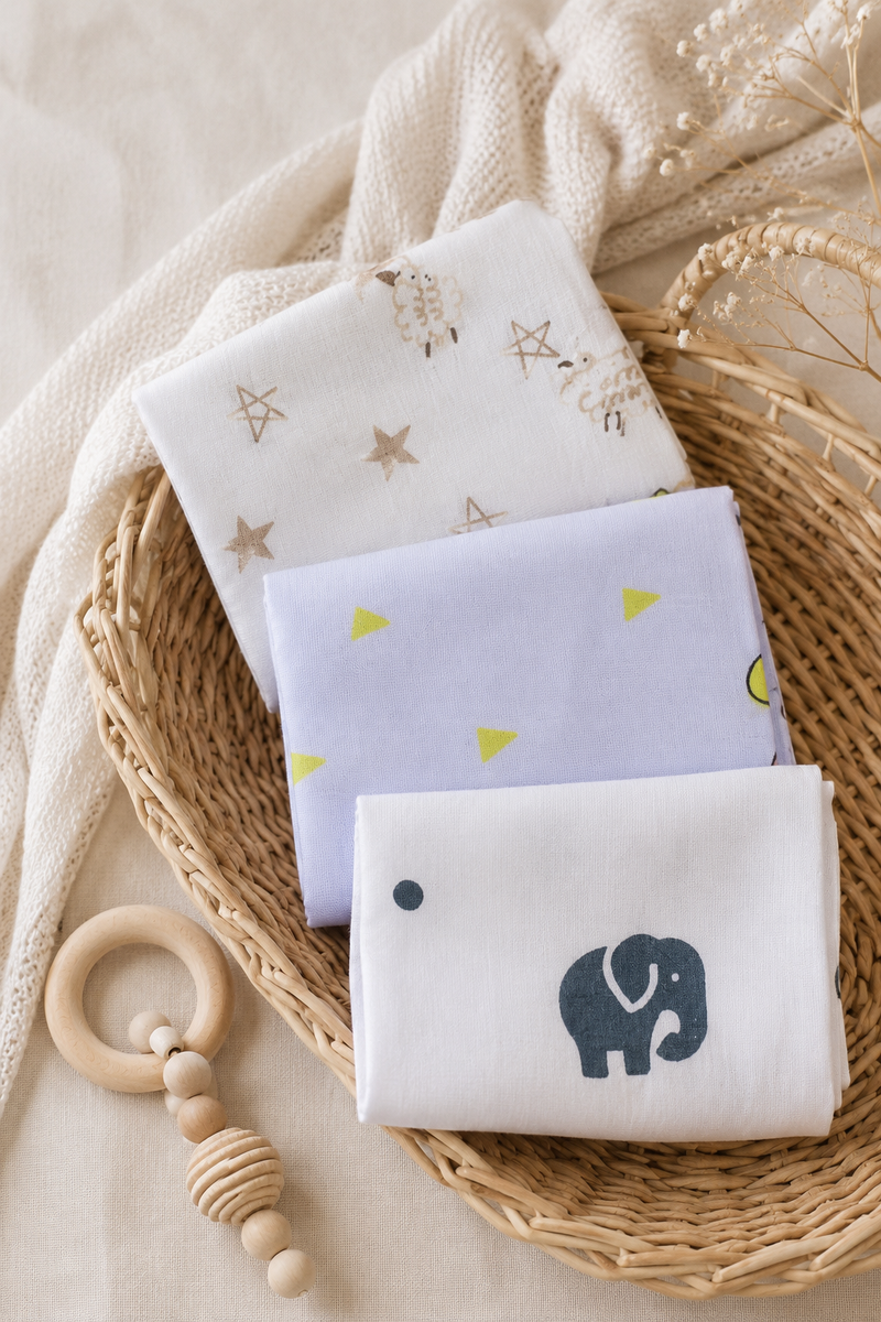 Pack of 3 Baby face Towels - Double Layer Soft Cotton Checkered Muslin