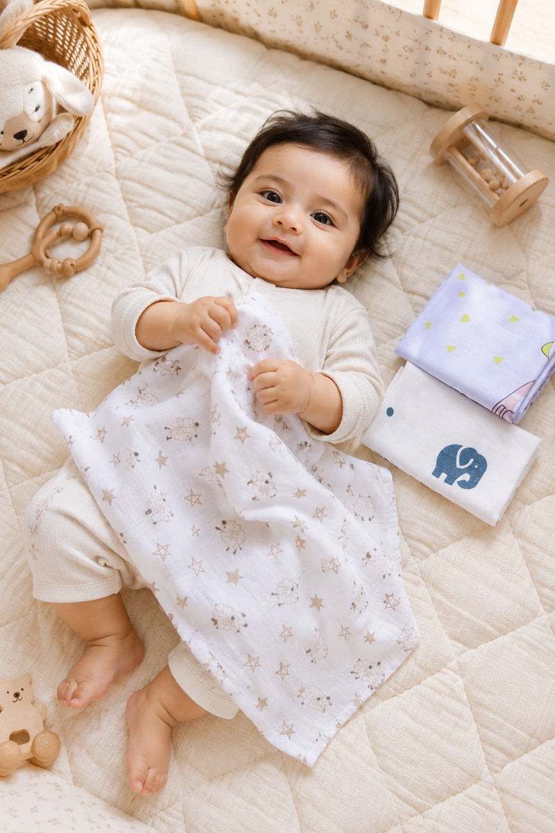Pack of 3 Baby face Towels - Double Layer Soft Cotton Checkered Muslin