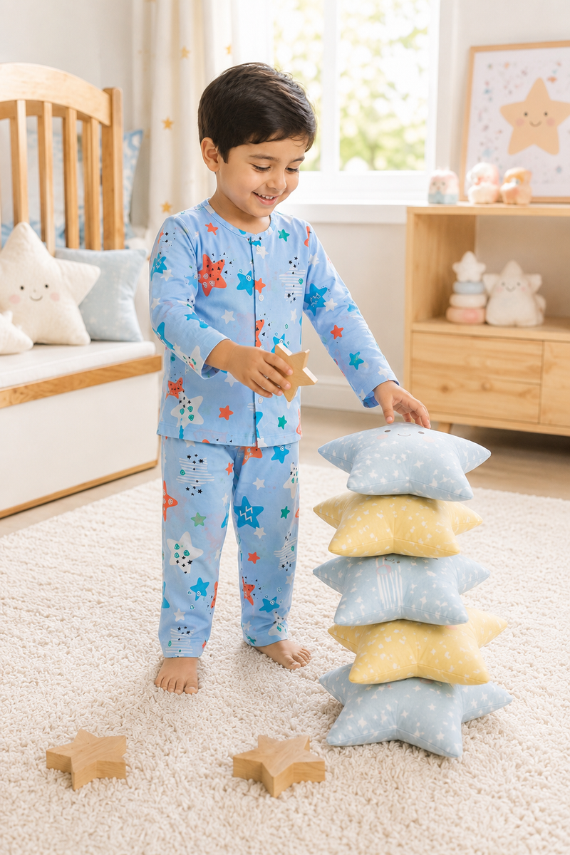 Blue Smiley Star - 60s Count Premium 100% Cotton Poplin | Soft Unisex Set for Kids