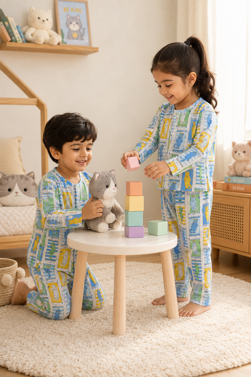 Cool Cat - Muslin Slub 100% Cotton | Soft Unisex Set for Kids