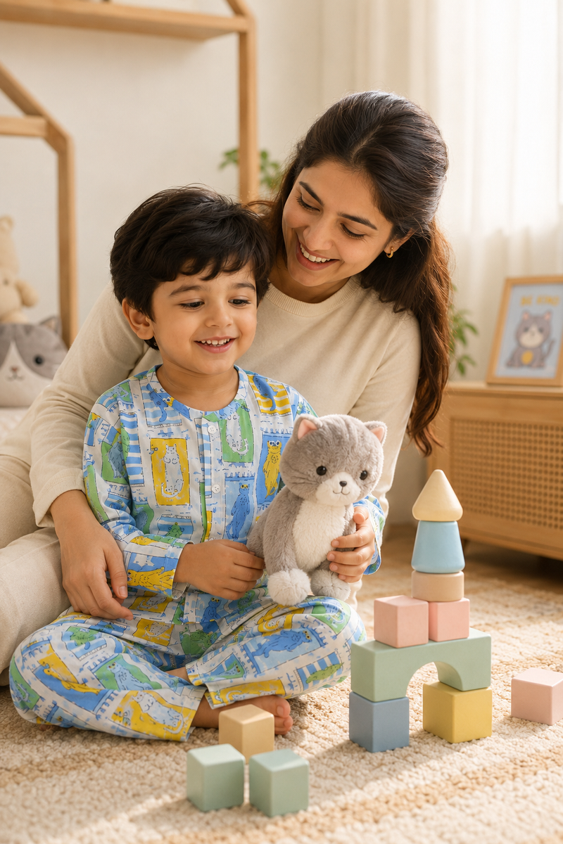Cool Cat - Muslin Slub 100% Cotton | Soft Unisex Set for Kids