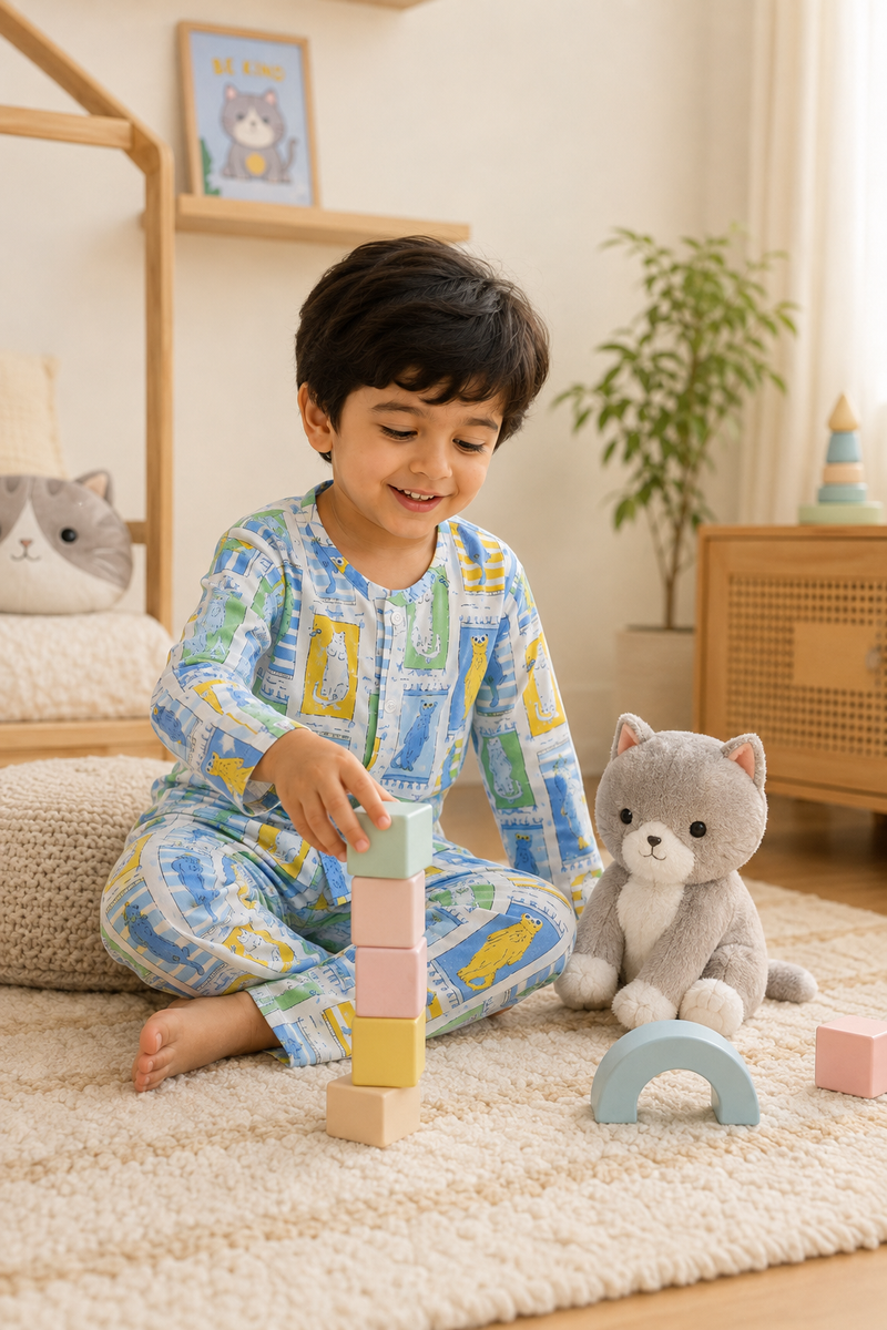 Cool Cat - Muslin Slub 100% Cotton | Soft Unisex Set for Kids