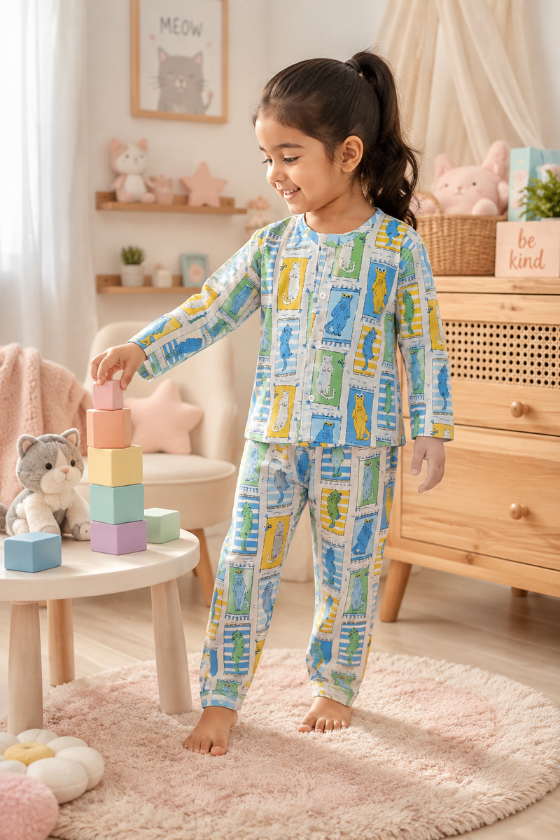 Cool Cat - Muslin Slub 100% Cotton | Soft Unisex Set for Kids