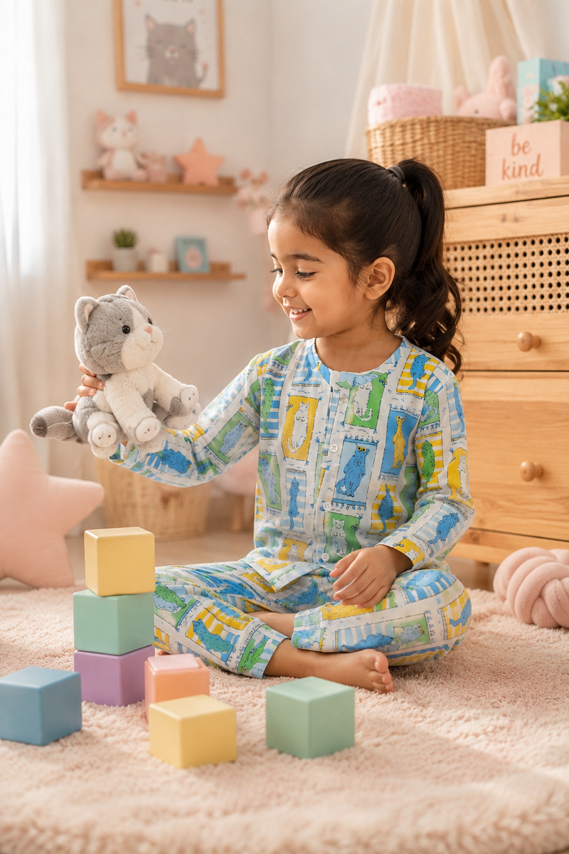 Cool Cat - Muslin Slub 100% Cotton | Soft Unisex Set for Kids