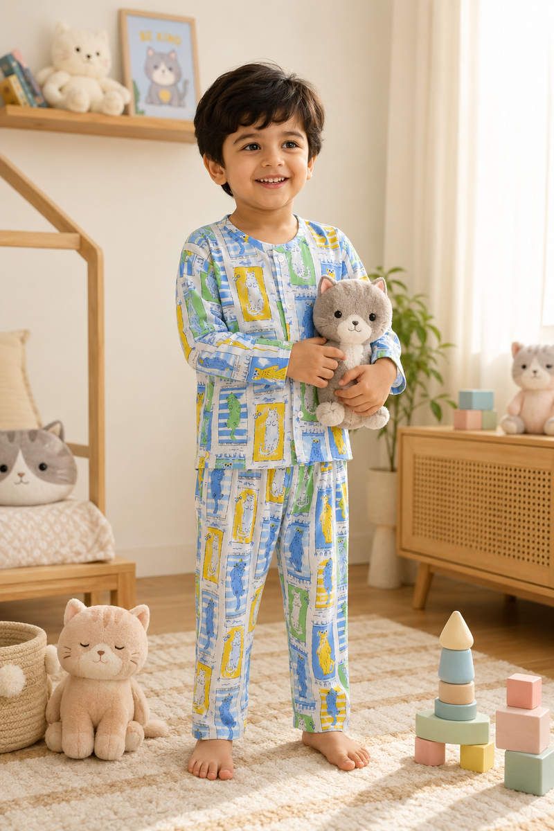 Cool Cat - Muslin Slub 100% Cotton | Soft Unisex Set for Kids