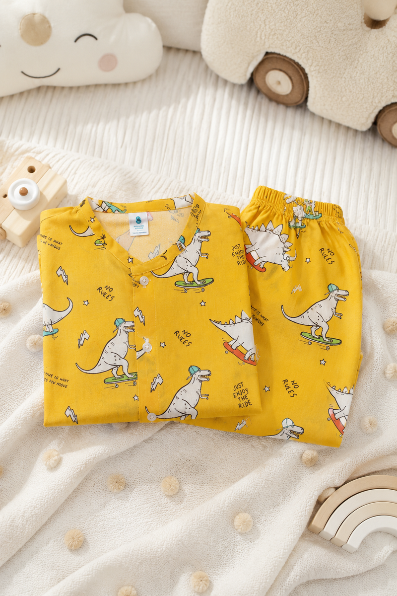 Yellow Dinos - 60s Count Premium 100% Cotton Poplin | Soft Unisex Set for Kids