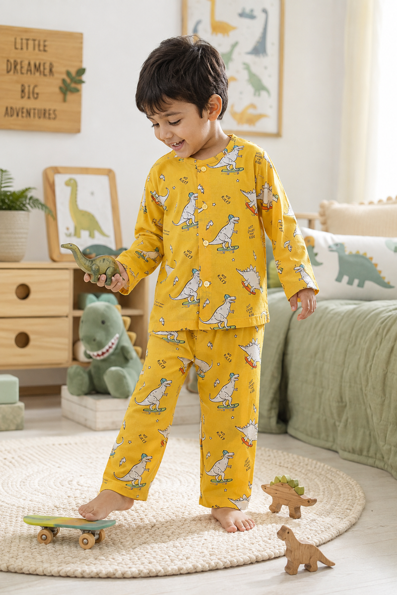 Yellow Dinos - 60s Count Premium 100% Cotton Poplin | Soft Unisex Set for Kids
