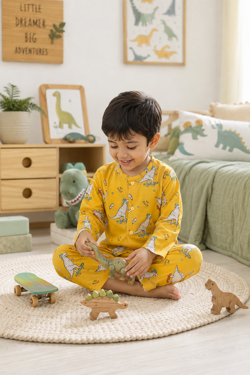 Yellow Dinos - 60s Count Premium 100% Cotton Poplin | Soft Unisex Set for Kids