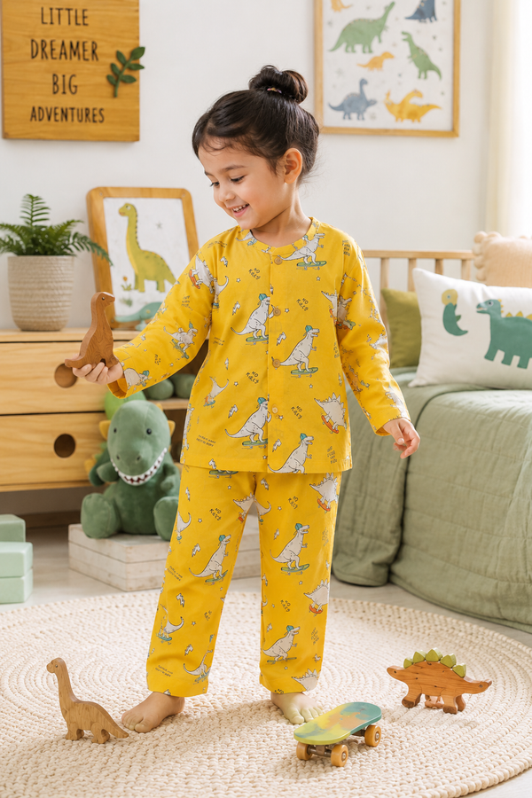 Yellow Dinos - 60s Count Premium 100% Cotton Poplin | Soft Unisex Set for Kids