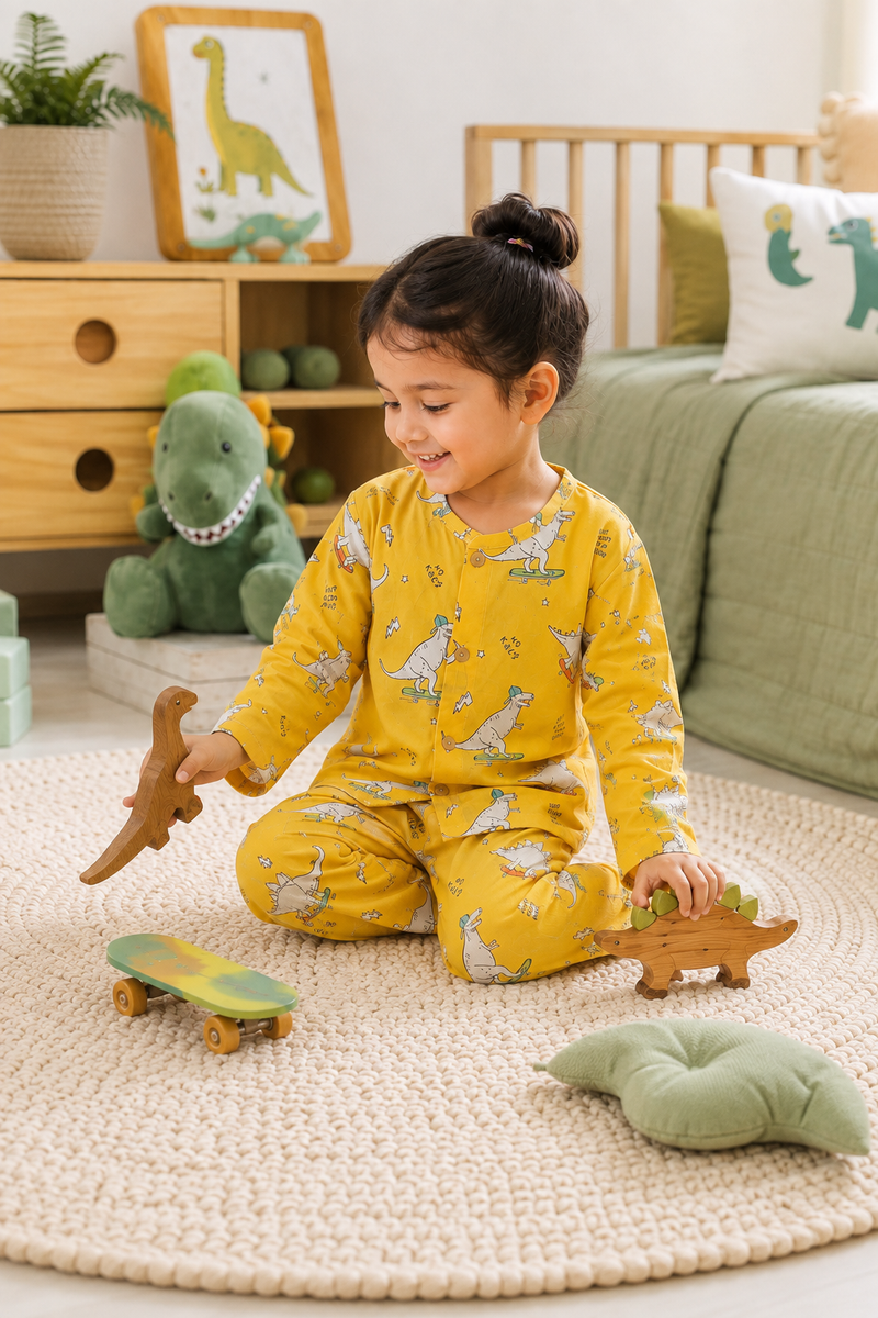 Yellow Dinos - 60s Count Premium 100% Cotton Poplin | Soft Unisex Set for Kids