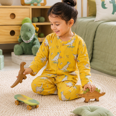 Yellow Dinos - 60s Count Premium 100% Cotton Poplin | Soft Unisex Set for Kids