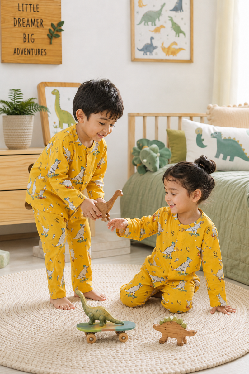 Yellow Dinos - 60s Count Premium 100% Cotton Poplin | Soft Unisex Set for Kids