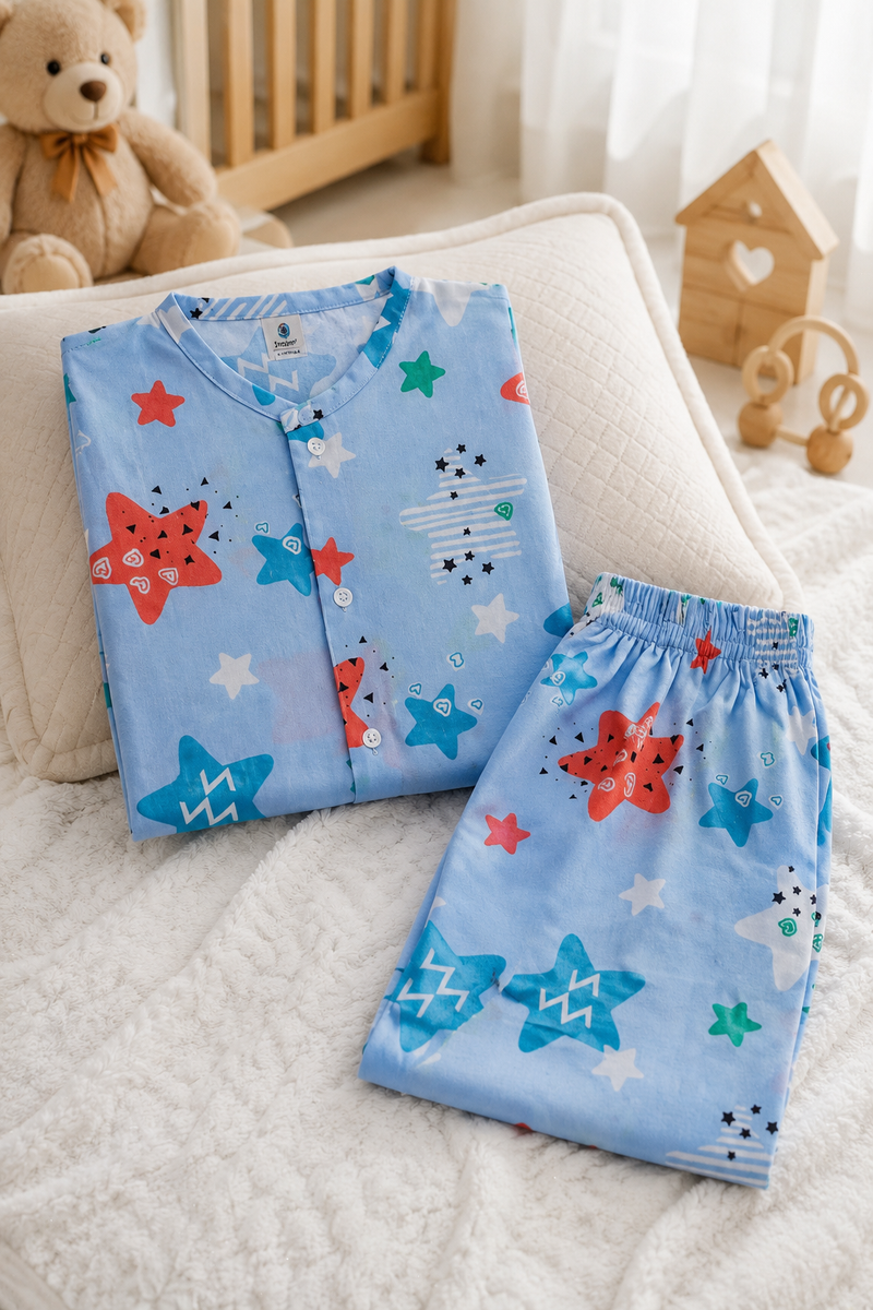 Blue Smiley Star - 60s Count Premium 100% Cotton Poplin | Soft Unisex Set for Kids
