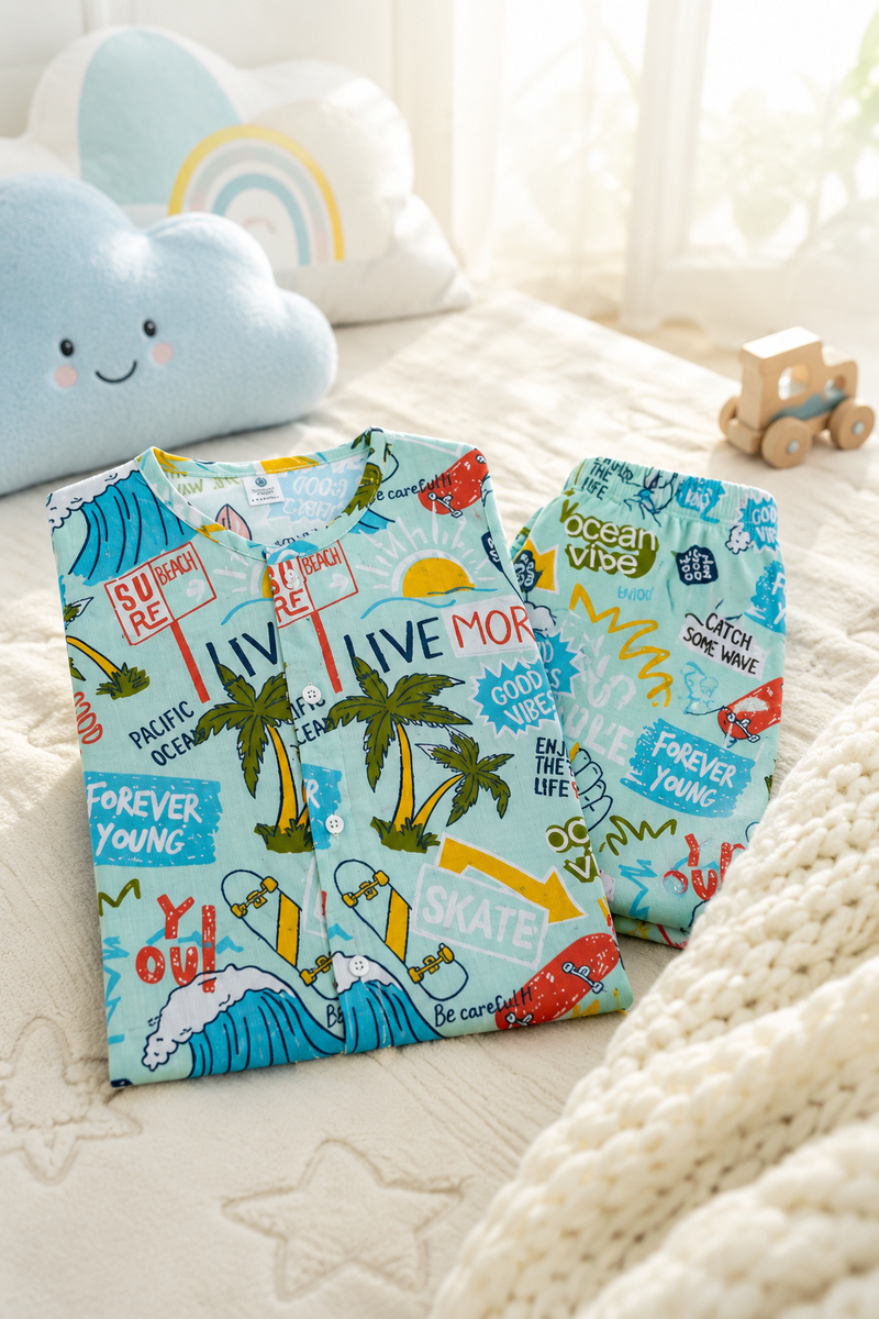 Wave Vibes - Muslin Slub 100% Cotton | Soft Unisex Set for Kids