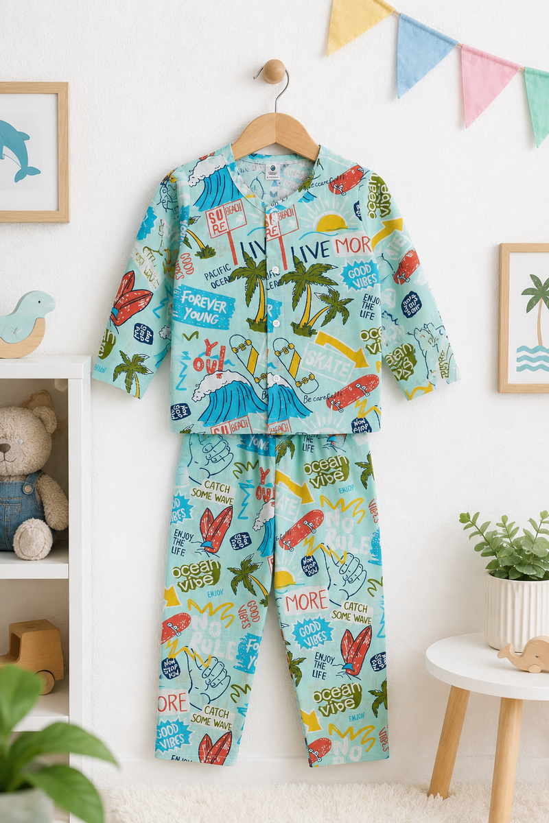 Wave Vibes - Muslin Slub 100% Cotton | Soft Unisex Set for Kids