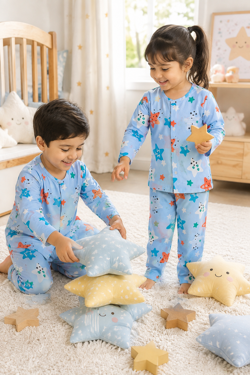 Blue Smiley Star - 60s Count Premium 100% Cotton Poplin | Soft Unisex Set for Kids