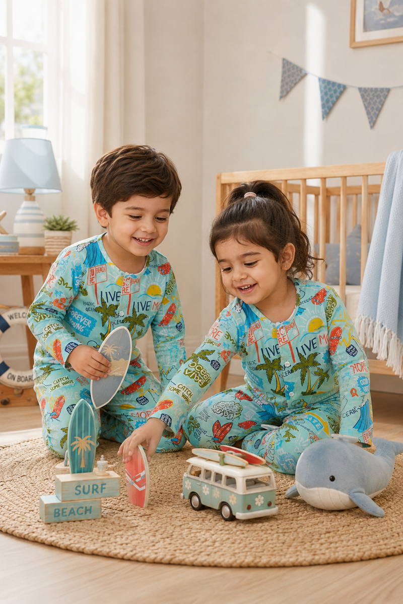 Wave Vibes - Muslin Slub 100% Cotton | Soft Unisex Set for Kids