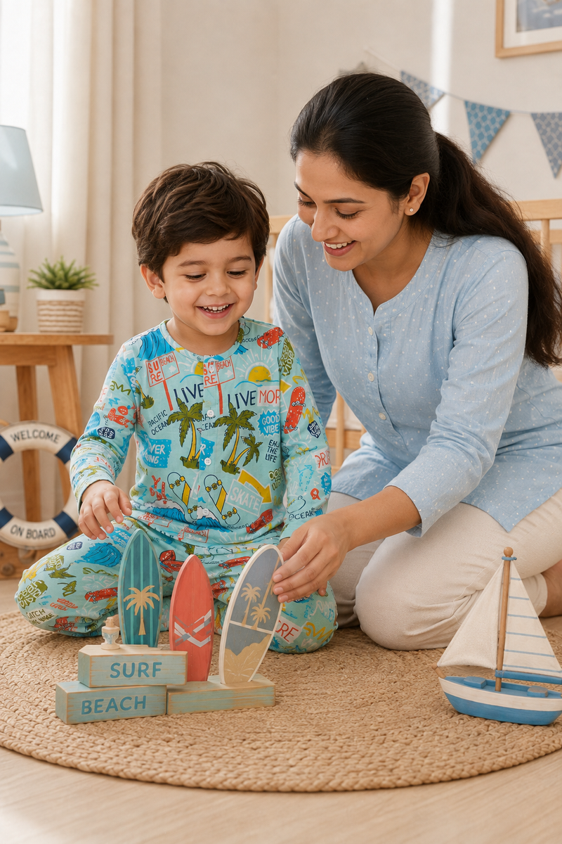 Wave Vibes - Muslin Slub 100% Cotton | Soft Unisex Set for Kids