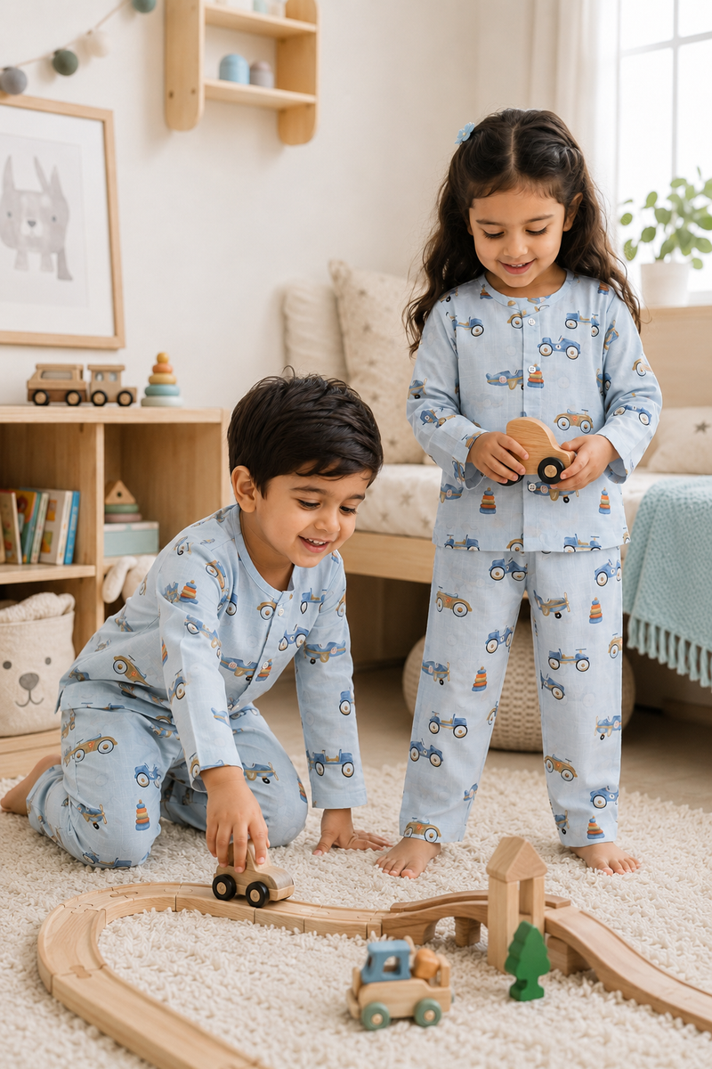 Wheel Party- Muslin Slub 100% Cotton | Soft Unisex Set for Kids