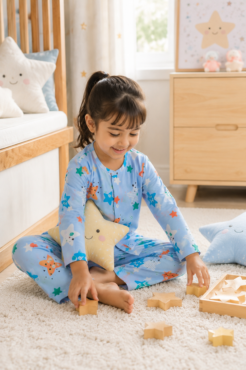 Blue Smiley Star - 60s Count Premium 100% Cotton Poplin | Soft Unisex Set for Kids