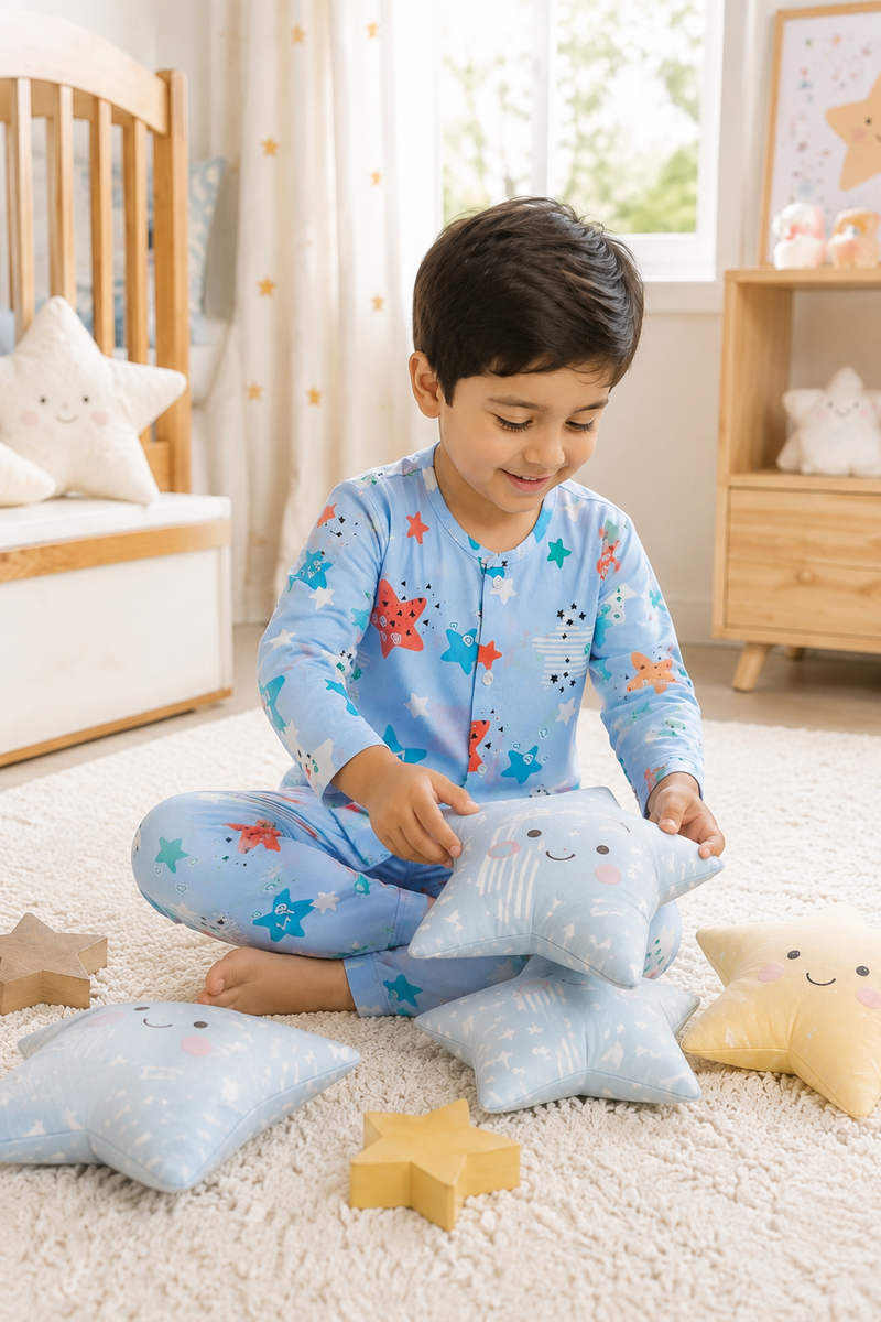 Blue Smiley Star - 60s Count Premium 100% Cotton Poplin | Soft Unisex Set for Kids