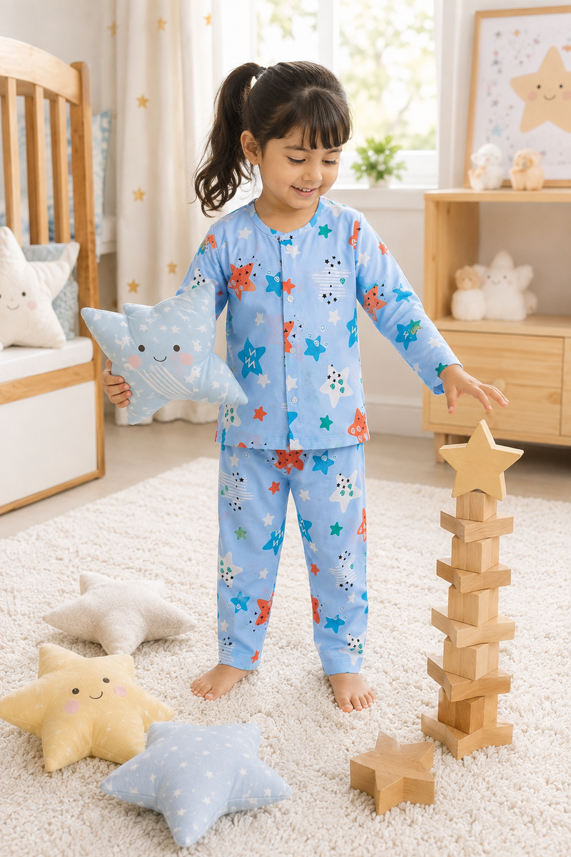 Blue Smiley Star - 60s Count Premium 100% Cotton Poplin | Soft Unisex Set for Kids