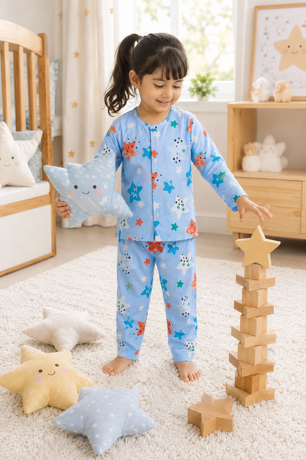 Blue Smiley Star - 60s Count Premium 100% Cotton Poplin | Soft Unisex Set for Kids