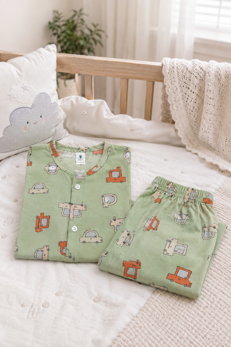 Green Car Hop - 60s Count Premium 100% Cotton Poplin | Soft Unisex Set for Kids