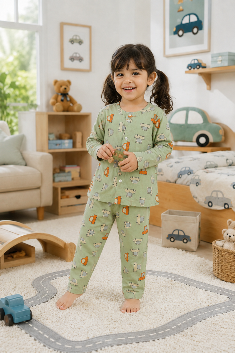 Green Car Hop - 60s Count Premium 100% Cotton Poplin | Soft Unisex Set for Kids