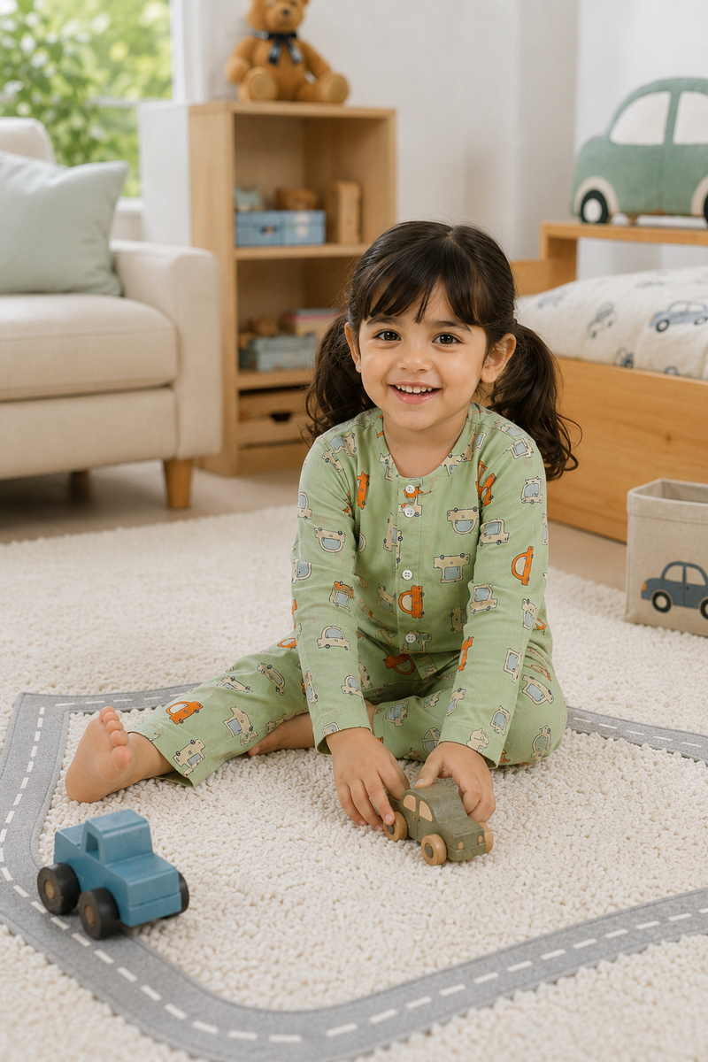 Green Car Hop - 60s Count Premium 100% Cotton Poplin | Soft Unisex Set for Kids