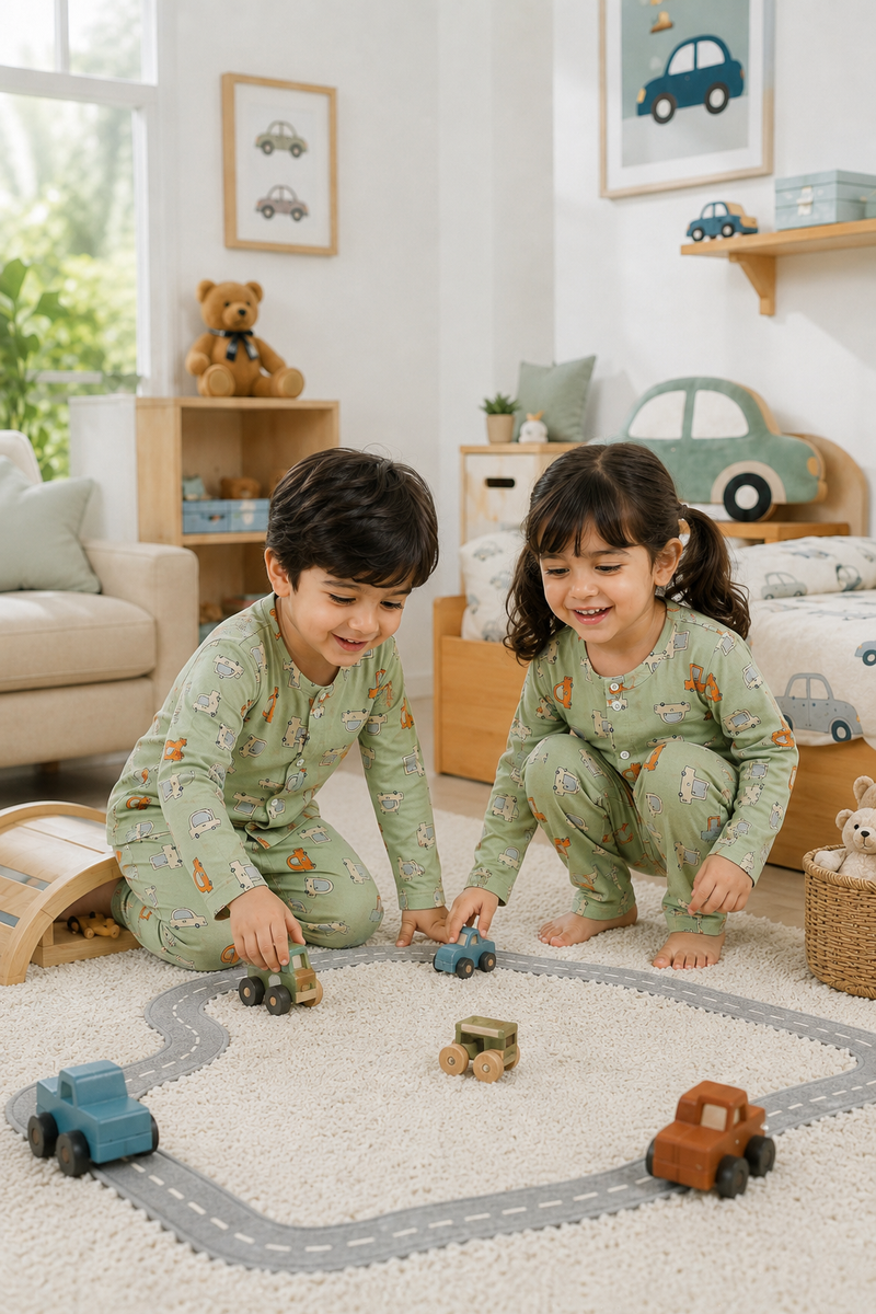 Green Car Hop - 60s Count Premium 100% Cotton Poplin | Soft Unisex Set for Kids