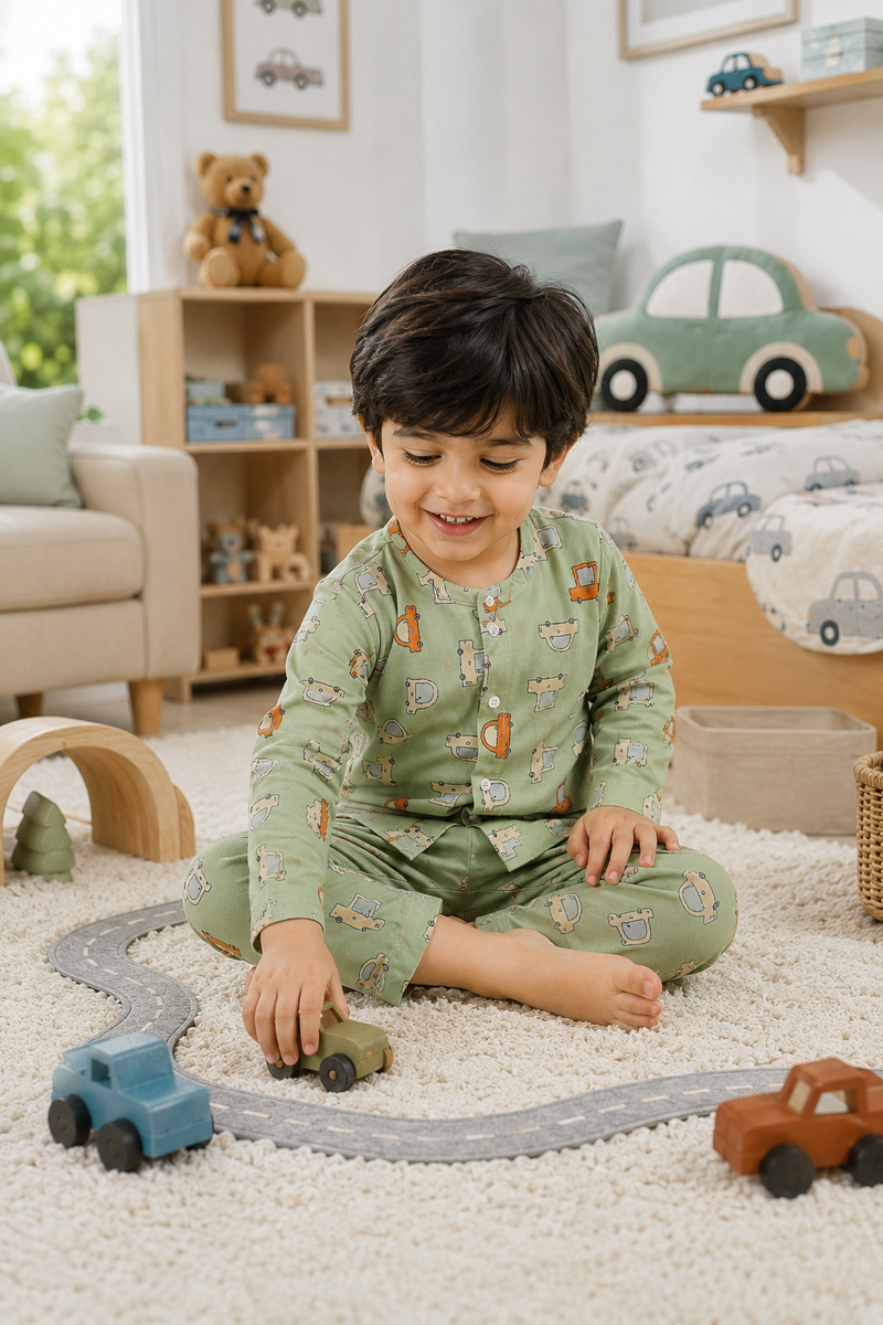 Green Car Hop - 60s Count Premium 100% Cotton Poplin | Soft Unisex Set for Kids