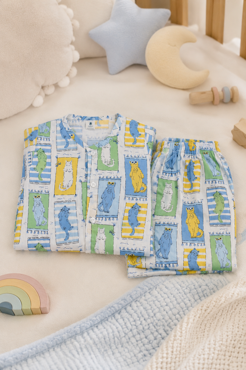 Cool Cat - Muslin Slub 100% Cotton | Soft Unisex Set for Kids