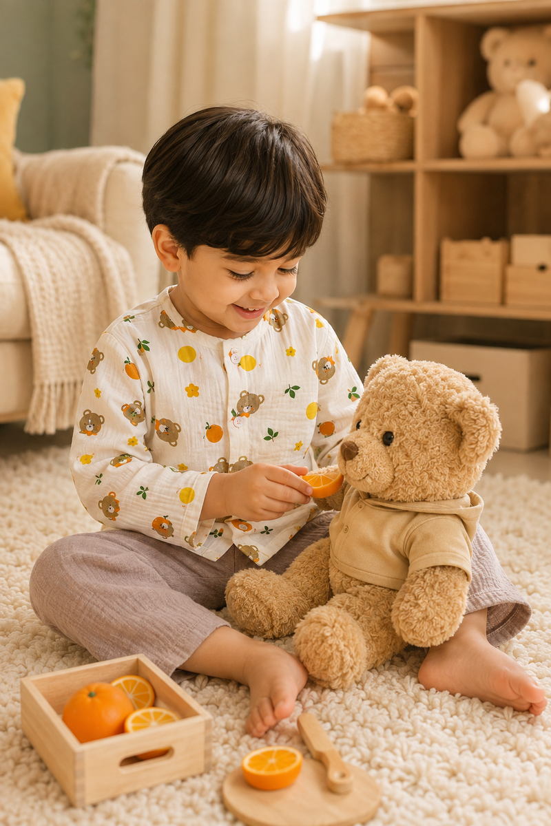 Bear Orange| Premium Crinkled Double Layered Soft Unisex Muslin Set for New Born to 6 Years