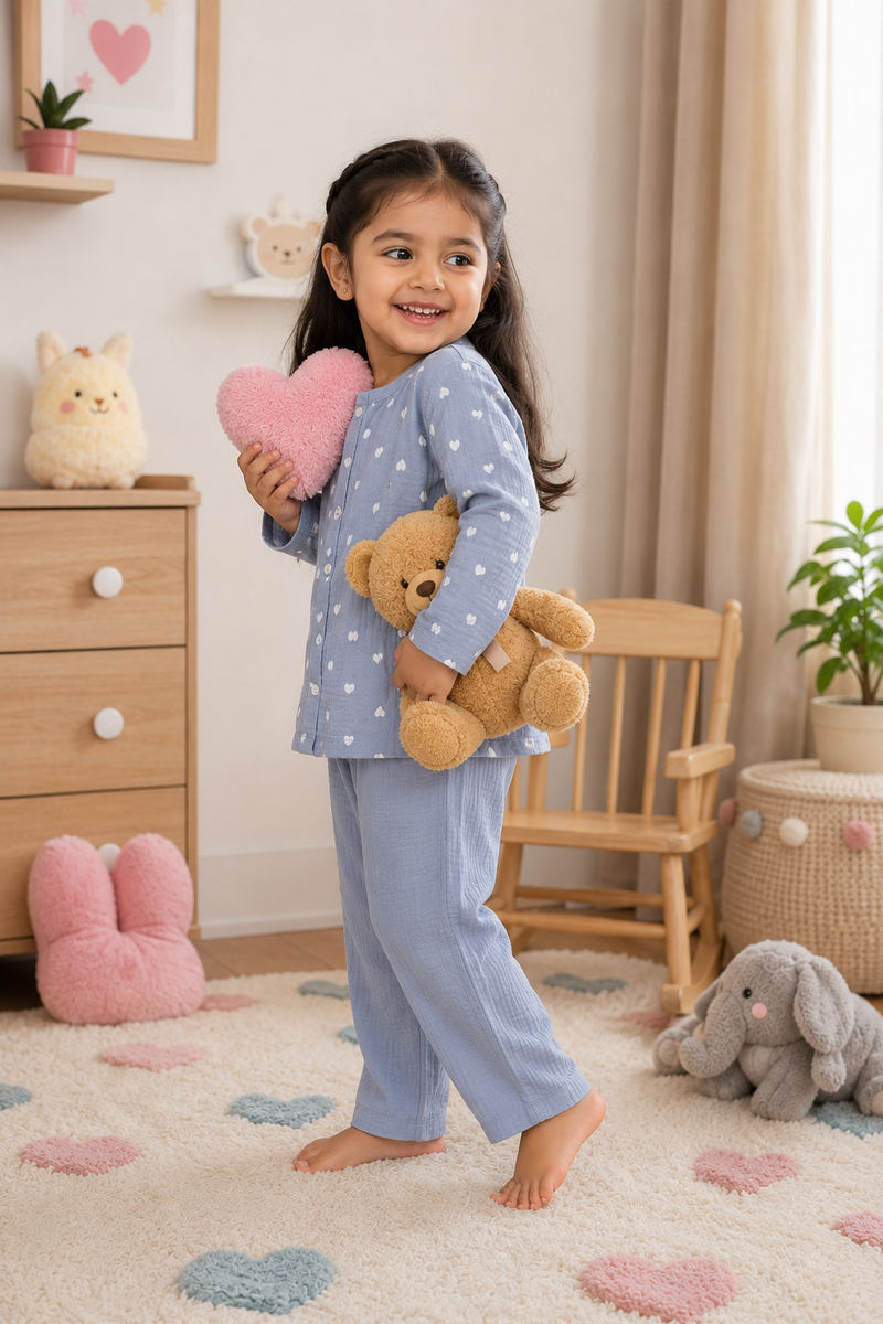 Grey Hearts| Premium Crinkled Double Layered Soft Unisex Muslin Set for New Born to 6 Years